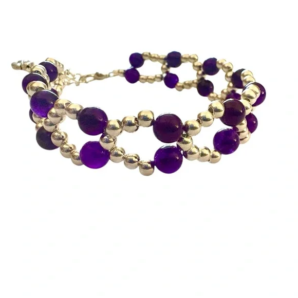 Purple Carnelian Chalcedony and Silver Seed Bead Bracelet with Adjuster - Picture 2 of 10